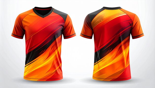 Front and back view of a vibrant v-neck sports jersey with dynamic flame-like pattern, Eye-catching sports uniform showcasing a bold orange, red, and black abstract design