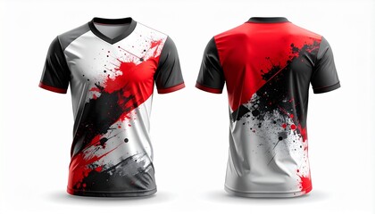 Front and back view of a black, gray and red gaming jersey, Stylish custom design athletic T-shirt for professional gamers and eSports enthusiasts