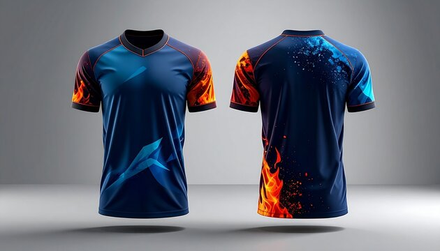 Front and back view of a blue soccer jersey with fire and ice elements, Stylish sports apparel with a contrasting color scheme featuring flames and cool tones