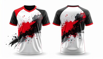 Front and Back View of a Stylish Gaming T-Shirt with Splatter Design, Gaming Apparel Template with Dynamic Red, Black, and White Splatter Graphics