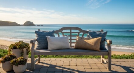 Seaside serenity: Relaxing bench with pillows overlooking a tranquil ocean landscape