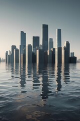 Fototapeta premium professional photograph of a surreal conceptual artwork depicting a flooded city skyline with water rising above half of the skyscrapers and buildings in a vertical 9:16 format featuring clean negativ