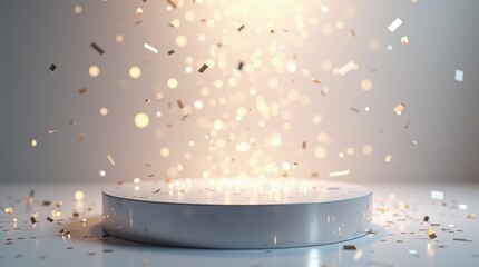 Silver metallic podium with falling golden confetti and glowing bokeh lights. Festive background for celebration, award, product display or luxury presentation