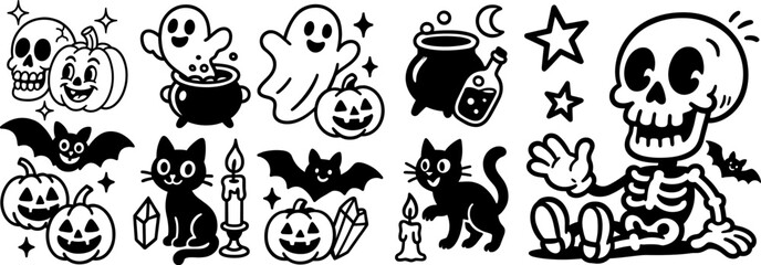 Fototapeta premium Halloween cartoon vector set with ghosts, pumpkins, skeleton, black cats, bats, cauldron, candles, crystals, stars, and potion bottle in black and white style. Creepy cute Halloween doodle design set