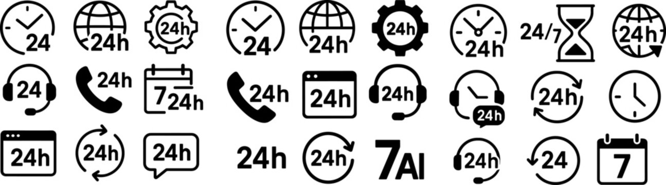 Vector set of 24 hour service icons including clocks, headsets, phones, calendars, and global support symbols in black and white style. 4 hour service and support icon vector set