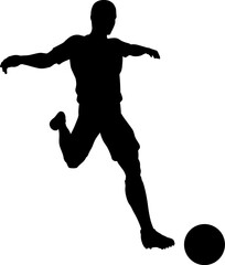A football soccer player sports man in silhouette kicking the ball.