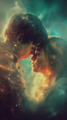 Romantic Couple Embracing with Cosmic Light and Dreamy Aura