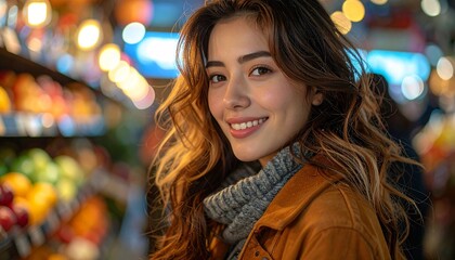 Radiant woman smiling in a grocery store, her brunette hair adding to her warm appearance, Woman in a produce aisle smiles as sunlight shines through her auburn hair