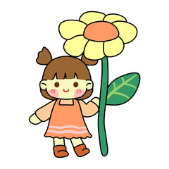 Cute cartoon girl with big flower, cute children clipart 