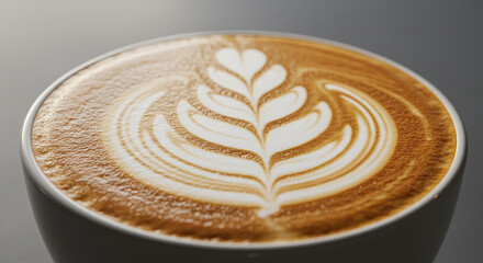 Latte art coffee in white cup with floral design on top  