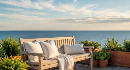 Obraz premium Serene Seaside Retreat: A Relaxing Bench Overlooking the Calm Ocean with Lush Greenery and Blue