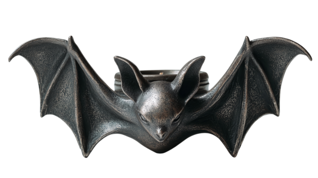 Black metal candle holder shaped like a bat, isolated on transparent background 