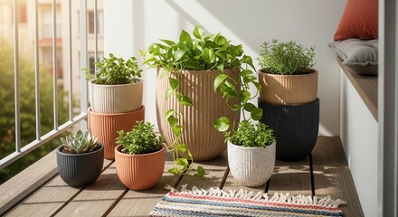 Fototapeta premium Stylish indoor potted plants on a sunny balcony for a relaxing and refreshing living space