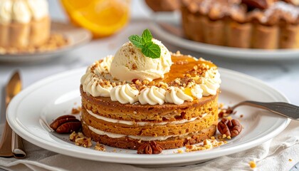 Delicious layered carrot cake with cream cheese frosting and ice cream topping, A perfect dessert for a special occasion