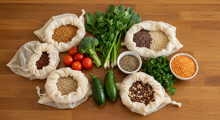 Assorted legumes and fresh vegetables displayed on wooden table  