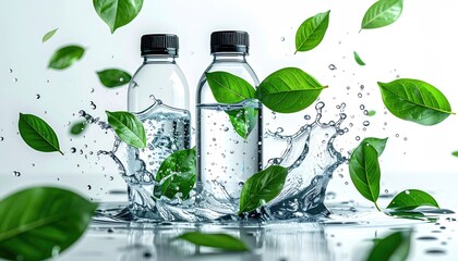 Two clear water bottles surrounded by splashing water and flying leaves