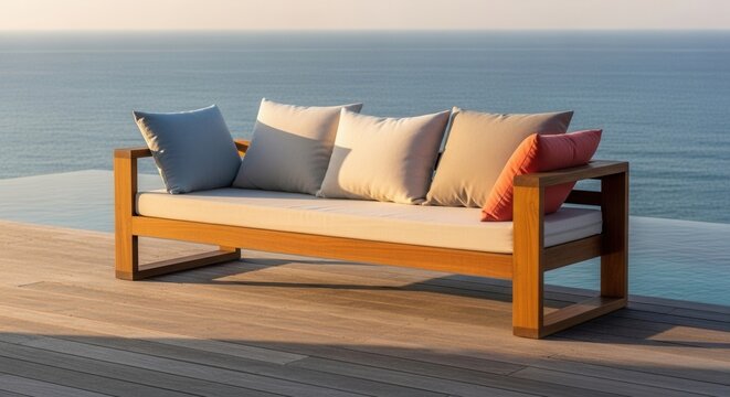 Stylish outdoor teak sofa with cushions overlooking a serene ocean view at sunset - Powered by Adobe