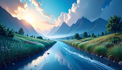 Tranquil River Flowing Through Mountain Valley at Sunrise, Serene Mountain Stream Landscape with Lush Green Meadows and a Clear Blue Sky