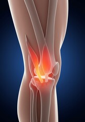 Anatomical Illustration of Human Knee Joint with Muscles and Bones in Red and Gray Tones