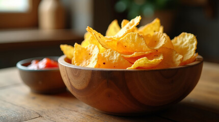 Golden crispy potato chips served in a wooden bowl with salsa dip on rustic wooden table. Snack food concept for lunch or party