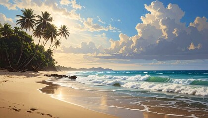 Tropical Beach Paradise with Palm Trees and Gentle Waves, Serene Coastal Landscape with Golden Sand and Turquoise Water under a Cloudy Sky