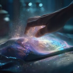 Hand Touching Sparkling Fabric with Magical Glow