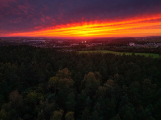 Beautiful sunset over the autumnal forest in Rotmanka, Poland