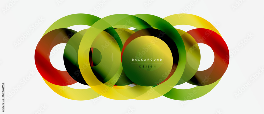 Poster abstract colorful overlapping circles create dynamic visual effect. gradient shades blend, forming m