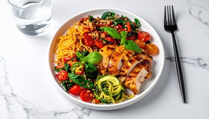 Plate of chicken, pasta, quinoa, and vegetables