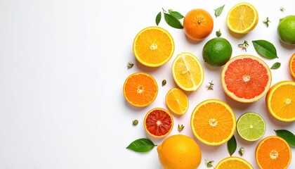 Colorful citrus slices arranged on white background