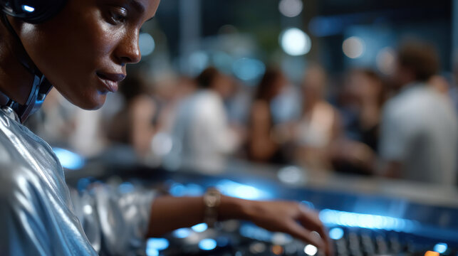 Futuristically styled partygoers with glowing elements engage in an electrifying celebration, highlighting modern aesthetics and the extraordinary vibrancy of nightlife culture.