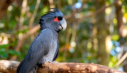 Dusky cockatoo perched on a limb, with lush green leaves blurred in the background