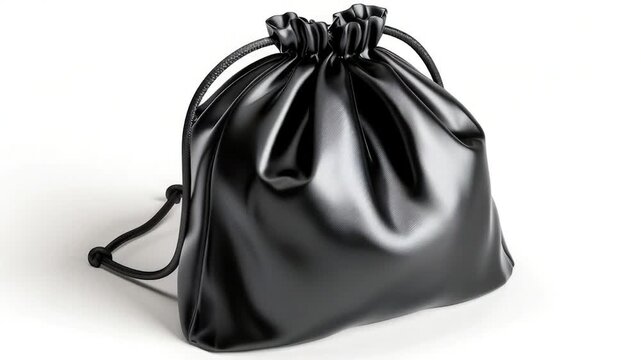 A close-up of a black drawstring bag against a white background
