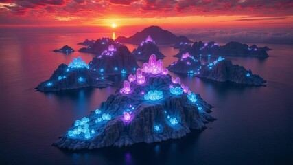 Explore a stunning alien world with glowing crystals under a vibrant crimson sky in this breathtaking 4k video footage, perfect for fantasy worlds - Powered by Adobe