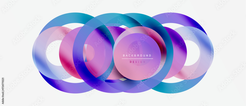 Poster abstract overlapping circles create vibrant, colorful design. gradient shades blend smoothly, formin