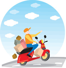 a courier drive a motor bike want to send the package  vector illustration