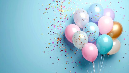 Pastel balloons and confetti on light blue