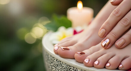 Close-up of a woman's feet and hands with metallic nail polish during a relaxing spa pedicure and manicure session with a candle and flowers.