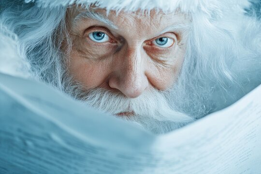 Cheerful santa claus reading a book with joyful expression and festive christmas spirit