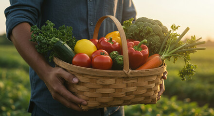 Man holding a wicker basket filled with fresh vegetables in garden  