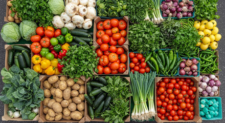 Fresh vegetables arranged in crates at a market stall  
