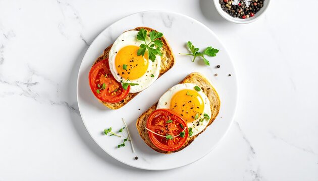 Two toasted slices of bread topped with fried eggs and tomato slices, garnished with fresh herbs - Powered by Adobe