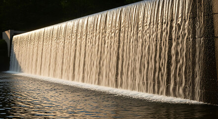 Golden Sunset Cascade Over Spillway Waterfall At Riverside Dam Wall