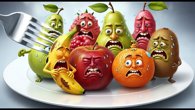 A Plate of Terrified Cartoon Fruits Screaming in Fear.