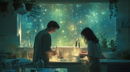 Couple Washing Dishes Together in Kitchen with Dreamy Glow