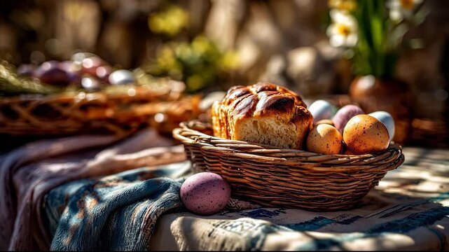 A wicker basket holds colorful eggs and a loaf of bread, all bathed in sunlight. The bread and eggs are arranged on a patterned cloth under the bright sunlight.