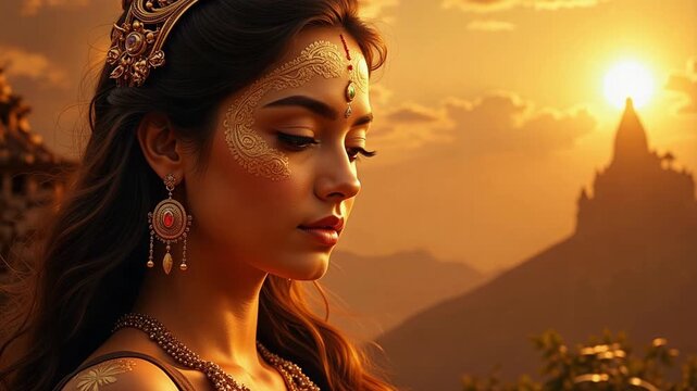 Divine Bhudevi's Serene Presence on Sacred Mountain, Bathed in Ethereal Light - A Vision of Ancient Wisdom and Tranquility in Stunning 4K Video