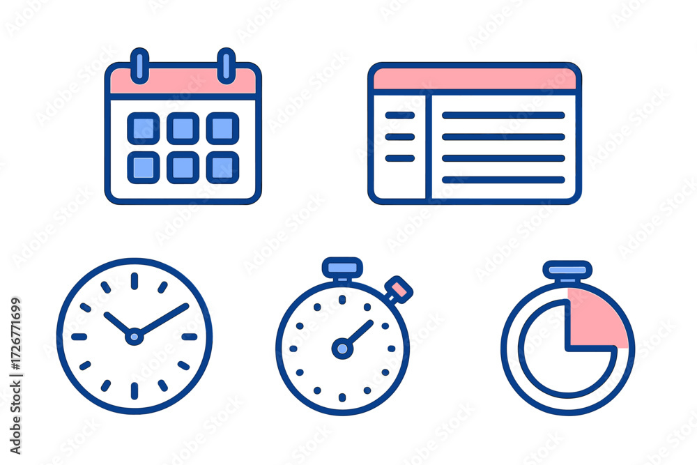 Poster collection of time management, scheduling, and productivity symbols with calendar, clock, stopwatch,