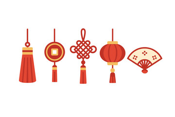 Traditional Chinese New Year cultural decorative elements including lanterns, knots, coins, fans, and tassels