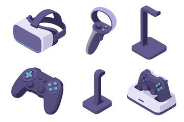Virtual reality headset, game controllers, and charging stands for modern electronic gaming equipment © icon_art